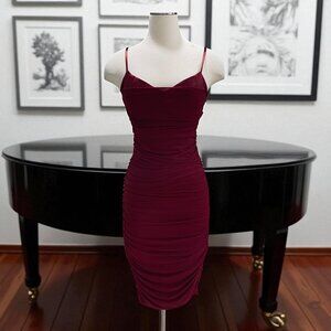 Fashion Nova Burgundy Velvet Bodycon Midi Dress Ruched Spaghetti Strap Club
